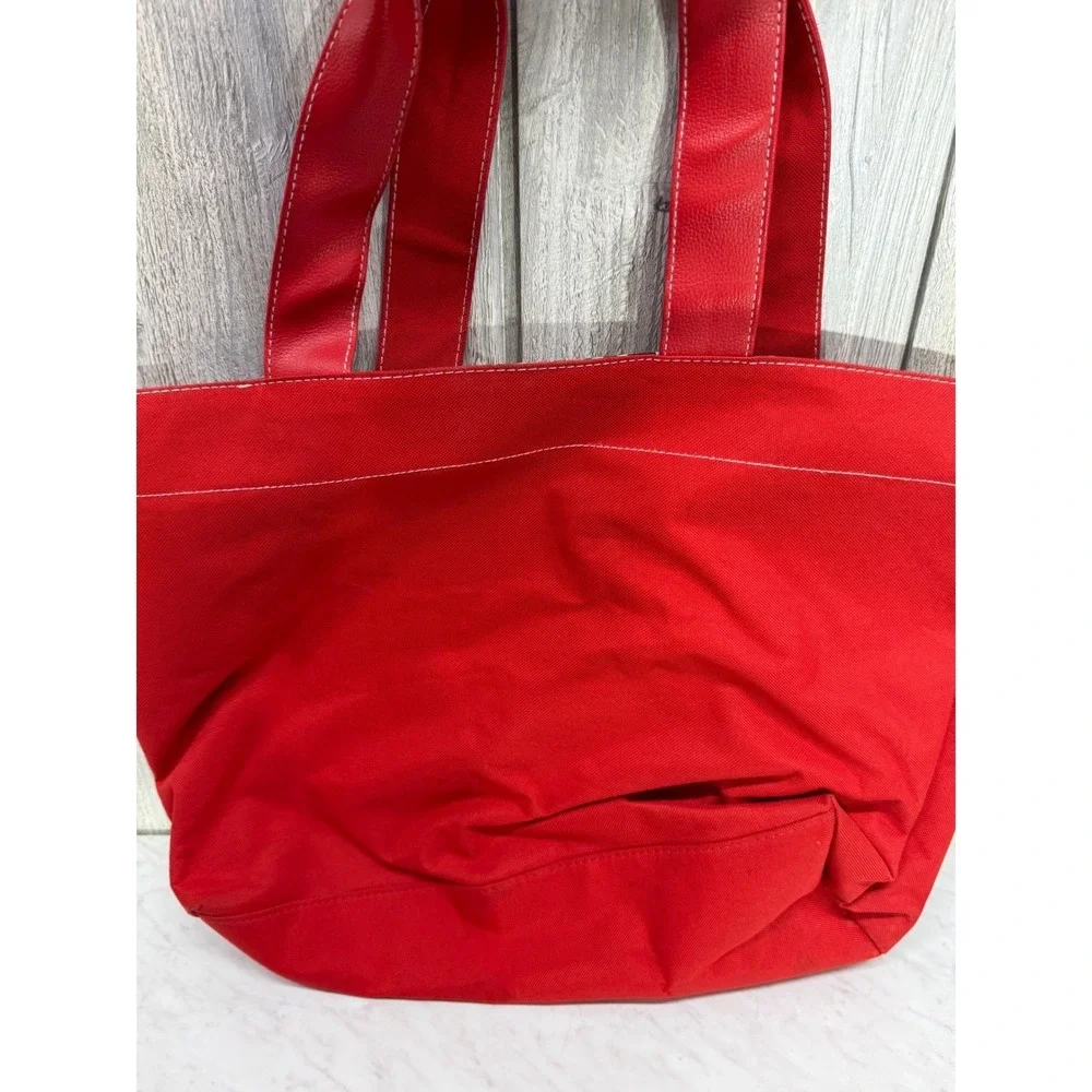 Lancome Red Canvas Tote Bag Floral Rose Lining Faux Leather Pocket Large Travel
